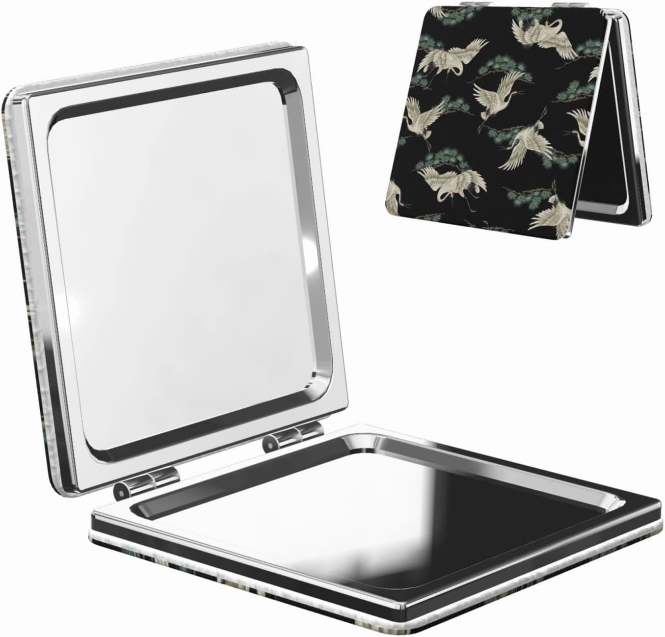 Crane Asian Traditional Style Women Mini Cosmetic Mirror Folding Portable Pocket Makeup Mirror
