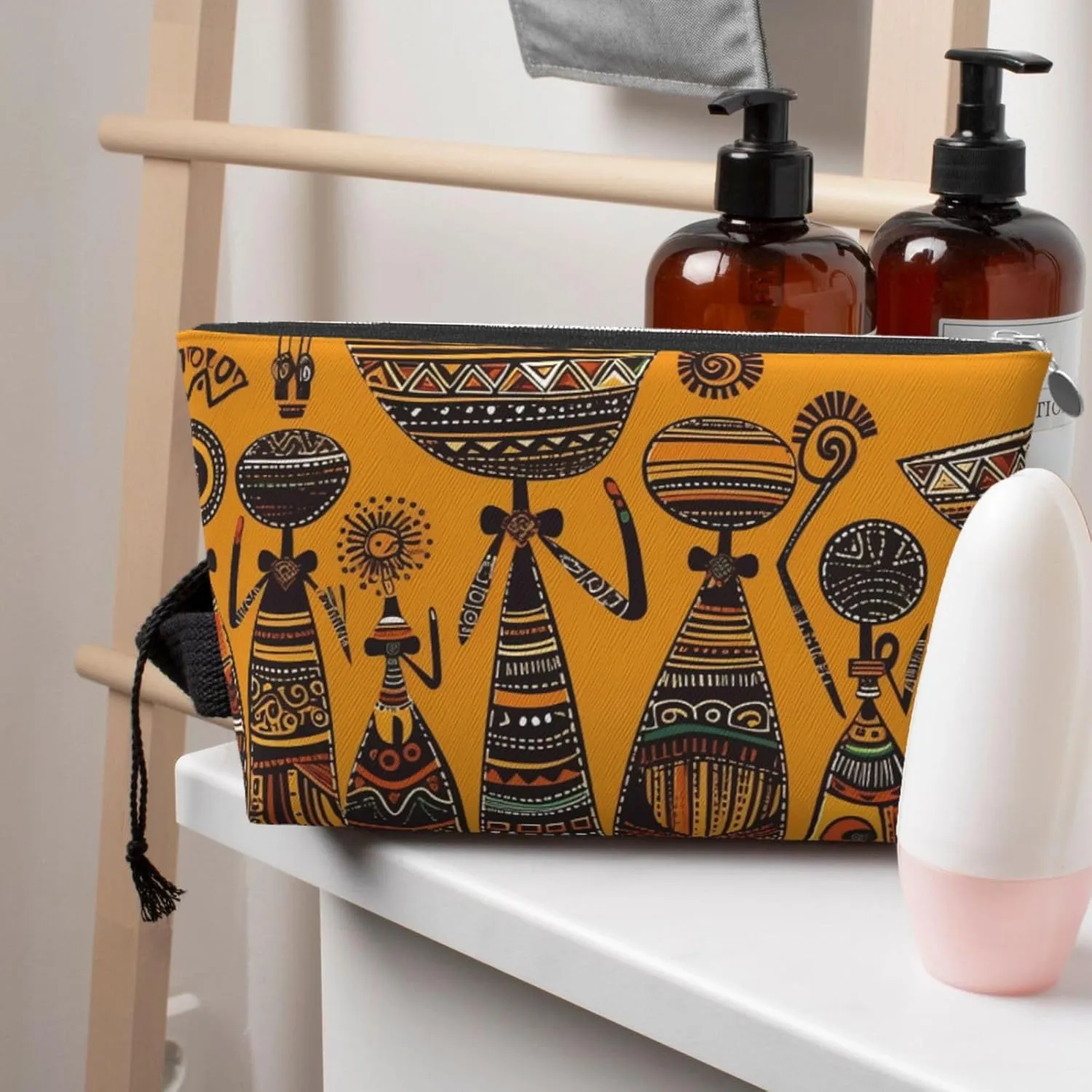 Creative African Culture Cosmetic Bag Pu Leather Waterproof Makeup Bag Portable Travel Toiletry Bag Organizer Silver Zipper Pouch For Women Ladies Gift