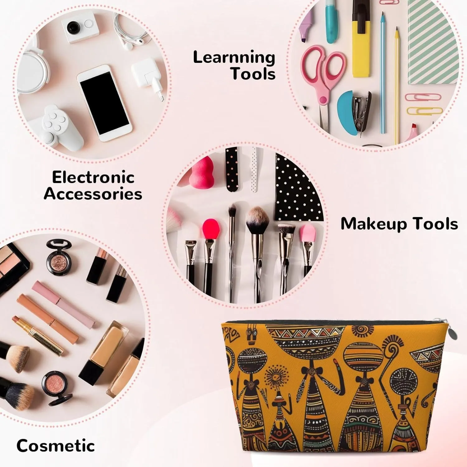 Creative African Culture Cosmetic Bag Pu Leather Waterproof Makeup Bag Portable Travel Toiletry Bag Organizer Silver Zipper Pouch For Women Ladies Gift