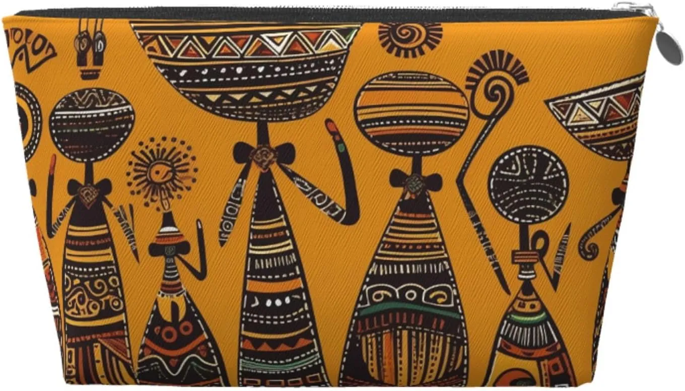 Creative African Culture Cosmetic Bag Pu Leather Waterproof Makeup Bag Portable Travel Toiletry Bag Organizer Silver Zipper Pouch For Women Ladies Gift