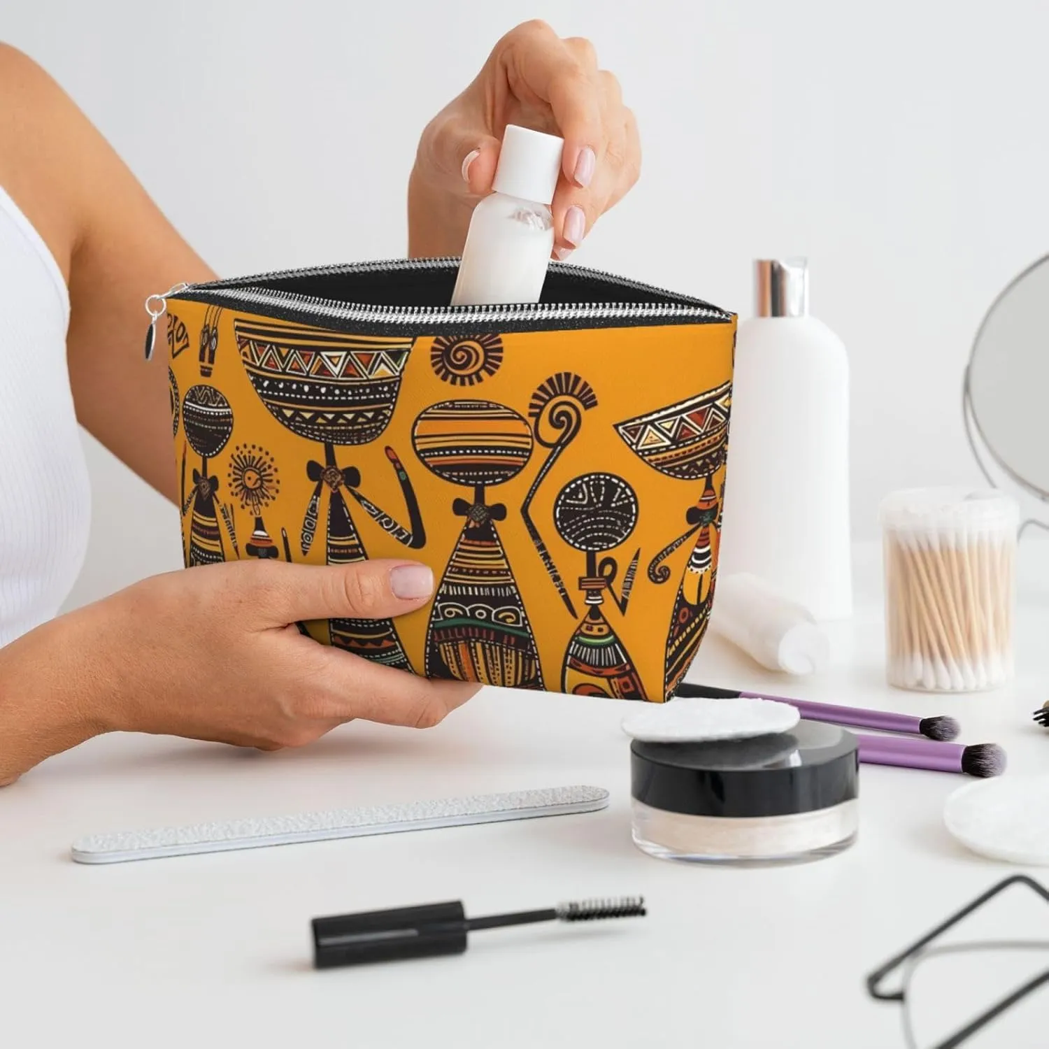 Creative African Culture Cosmetic Bag Pu Leather Waterproof Makeup Bag Portable Travel Toiletry Bag Organizer Silver Zipper Pouch For Women Ladies Gift