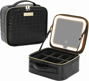 Crocodile PU Cosmetics Train Case with Removeable LED Lighted Mirror Rechargeable 3 Color Lights Adjustable Brightness Portable Makeup Artist Organizer with Adjustable Dividers