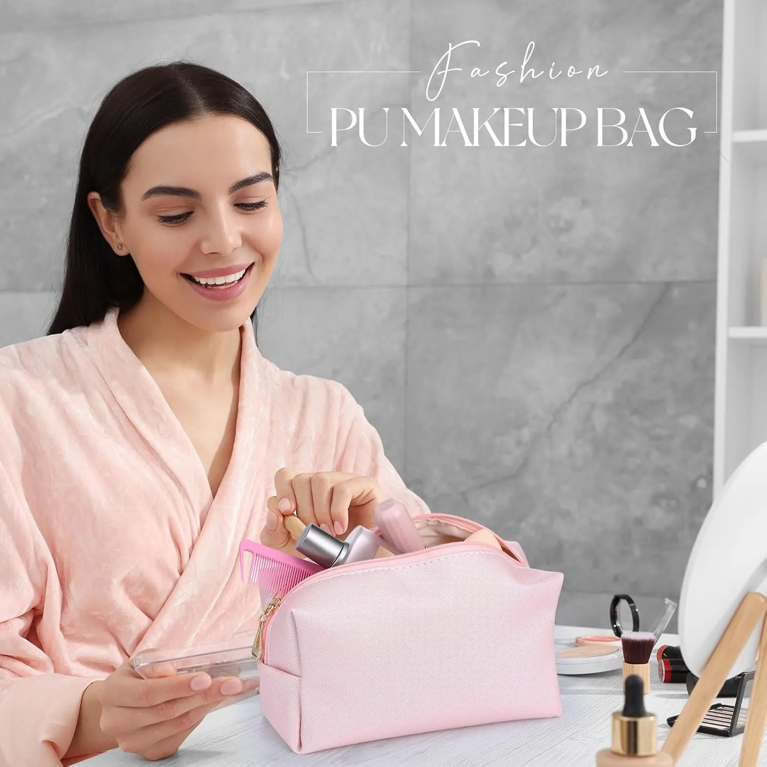 Cunno 20 Pcs Preppy Makeup Bags PU Leather Cosmetic Pouch with Zipper Waterproof Make up Bags Toiletry Beauty Container for Women Bridal Shower Favors End of the Year Teacher Gifts(Rose Gold)