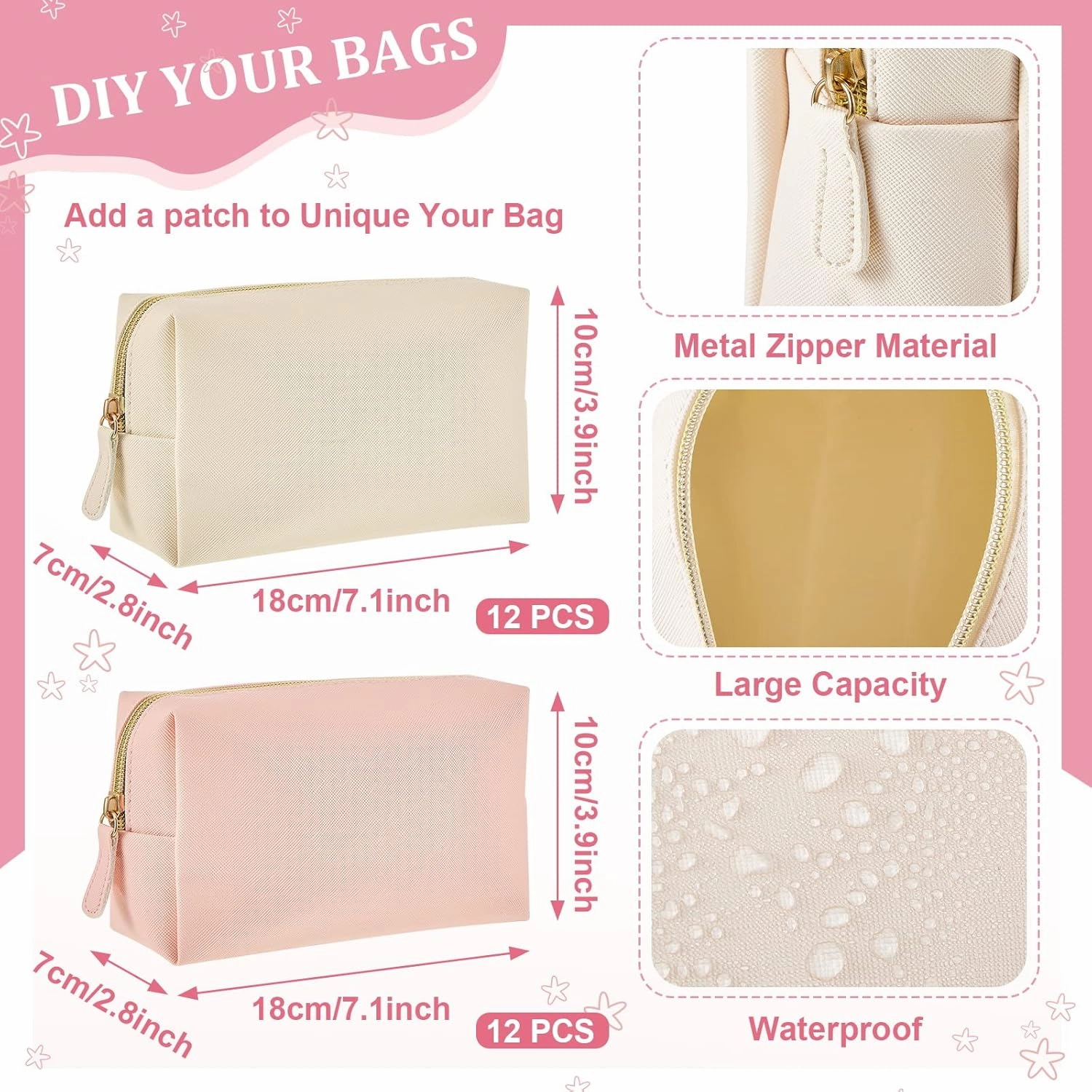 Cunno 24 Pcs Preppy Makeup Bag PU Leather Cosmetic Bag Makeup Pouch Plain Cosmetic Pouch Waterproof Toiletry Bags for Traveling Preppy Travel Purse Cosmetic Organizer