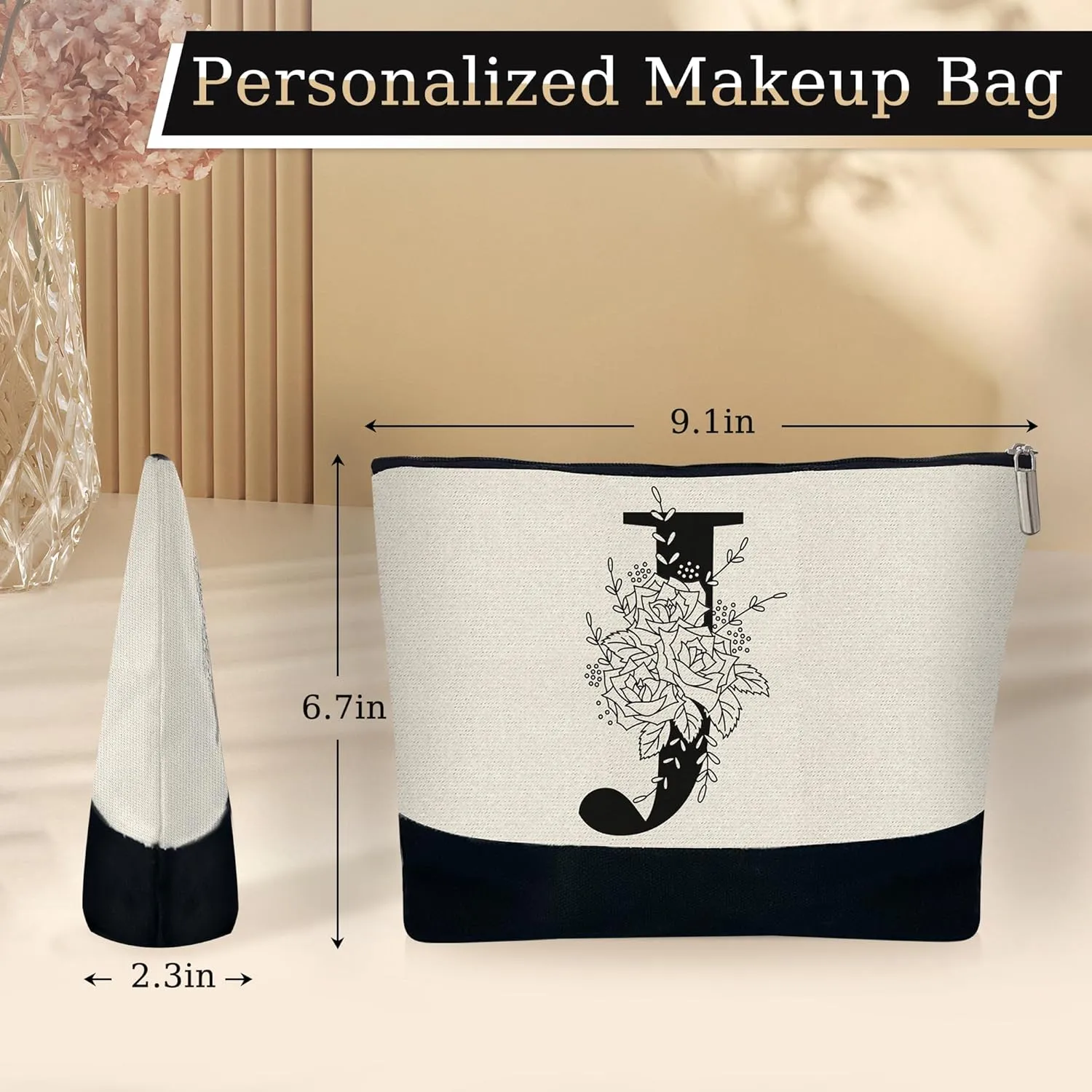 Custom Glass Cup & Makeup Bag Set - Personalized Gifts for Women, Initial 16 oz Glass Tumbler with Lid & Straw, Monogram Makeup Bag - Birthday Gifts For Women, Mother's Day Presents(J)