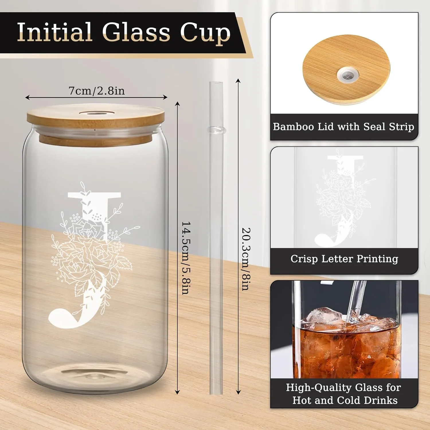 Custom Glass Cup & Makeup Bag Set - Personalized Gifts for Women, Initial 16 oz Glass Tumbler with Lid & Straw, Monogram Makeup Bag - Birthday Gifts For Women, Mother's Day Presents(J)