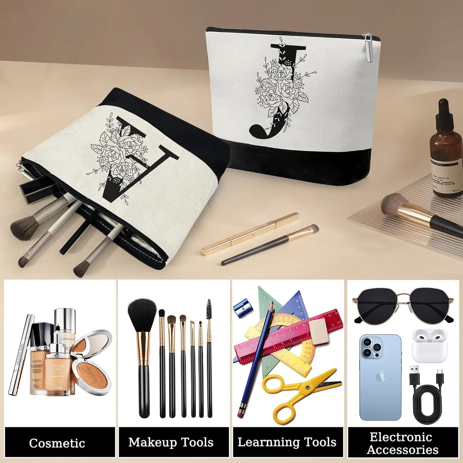 Custom Glass Cup & Makeup Bag Set - Personalized Gifts for Women, Initial 16 oz Glass Tumbler with Lid & Straw, Monogram Makeup Bag - Birthday Gifts For Women, Mother's Day Presents(J)