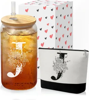 Custom Glass Cup & Makeup Bag Set - Personalized Gifts for Women, Initial 16 oz Glass Tumbler with Lid & Straw, Monogram Makeup Bag - Birthday Gifts For Women, Mother's Day Presents(J)