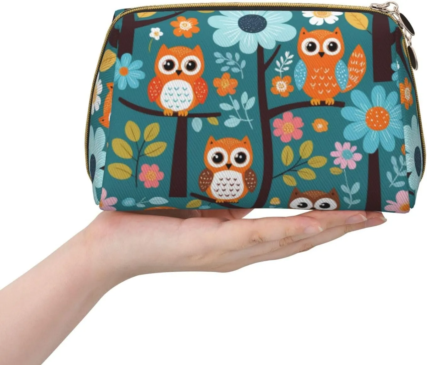 Cute Cartoon Owl Tree Flowers and Squirrel Printed Small Makeup Bag,Travel Cosmetic Bag Purse with Zipper,Water-resistant Makeup Organizer Bag for Women