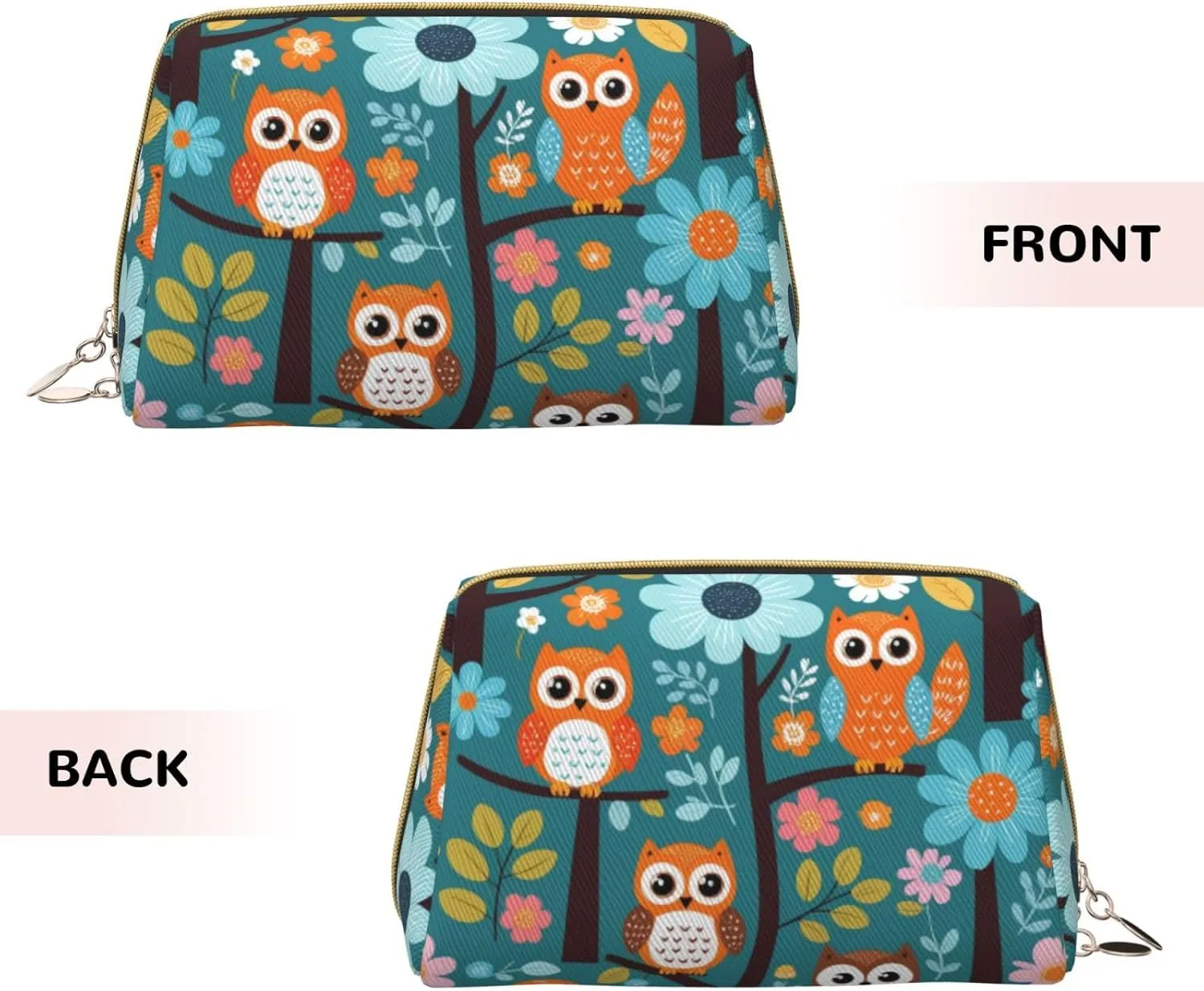 Cute Cartoon Owl Tree Flowers and Squirrel Printed Small Makeup Bag,Travel Cosmetic Bag Purse with Zipper,Water-resistant Makeup Organizer Bag for Women
