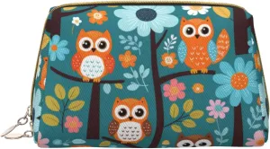 Cute Cartoon Owl Tree Flowers and Squirrel Printed Small Makeup Bag,Travel Cosmetic Bag Purse with Zipper,Water-resistant Makeup Organizer Bag for Women