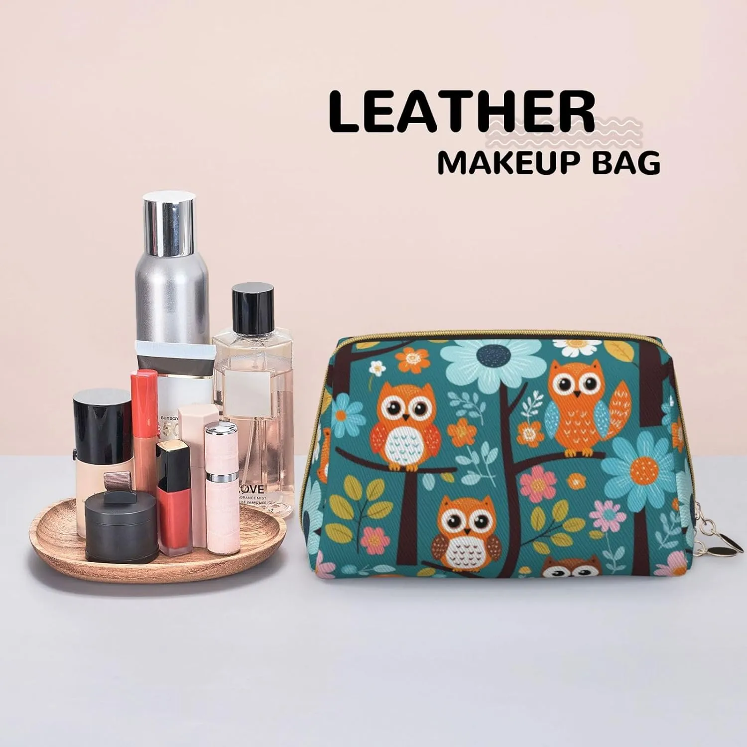 Cute Cartoon Owl Tree Flowers and Squirrel Printed Small Makeup Bag,Travel Cosmetic Bag Purse with Zipper,Water-resistant Makeup Organizer Bag for Women