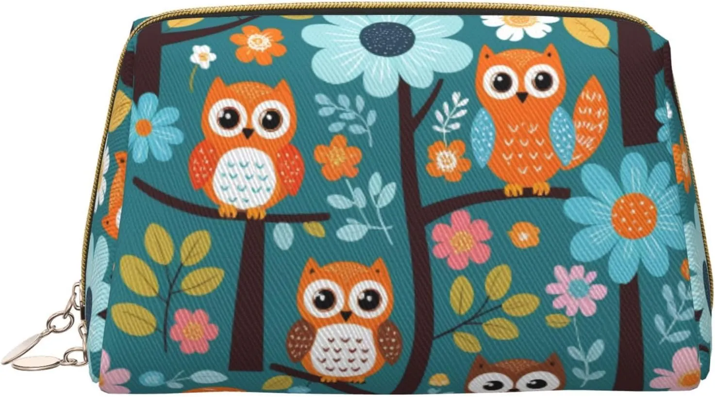 Cute Cartoon Owl Tree Flowers and Squirrel Printed Small Makeup Bag,Travel Cosmetic Bag Purse with Zipper,Water-resistant Makeup Organizer Bag for Women