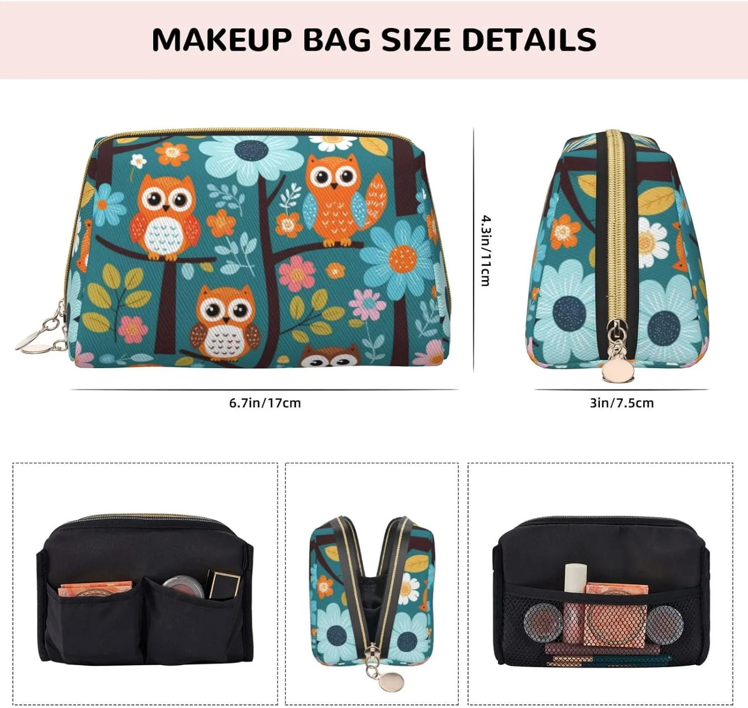 Cute Cartoon Owl Tree Flowers and Squirrel Printed Small Makeup Bag,Travel Cosmetic Bag Purse with Zipper,Water-resistant Makeup Organizer Bag for Women