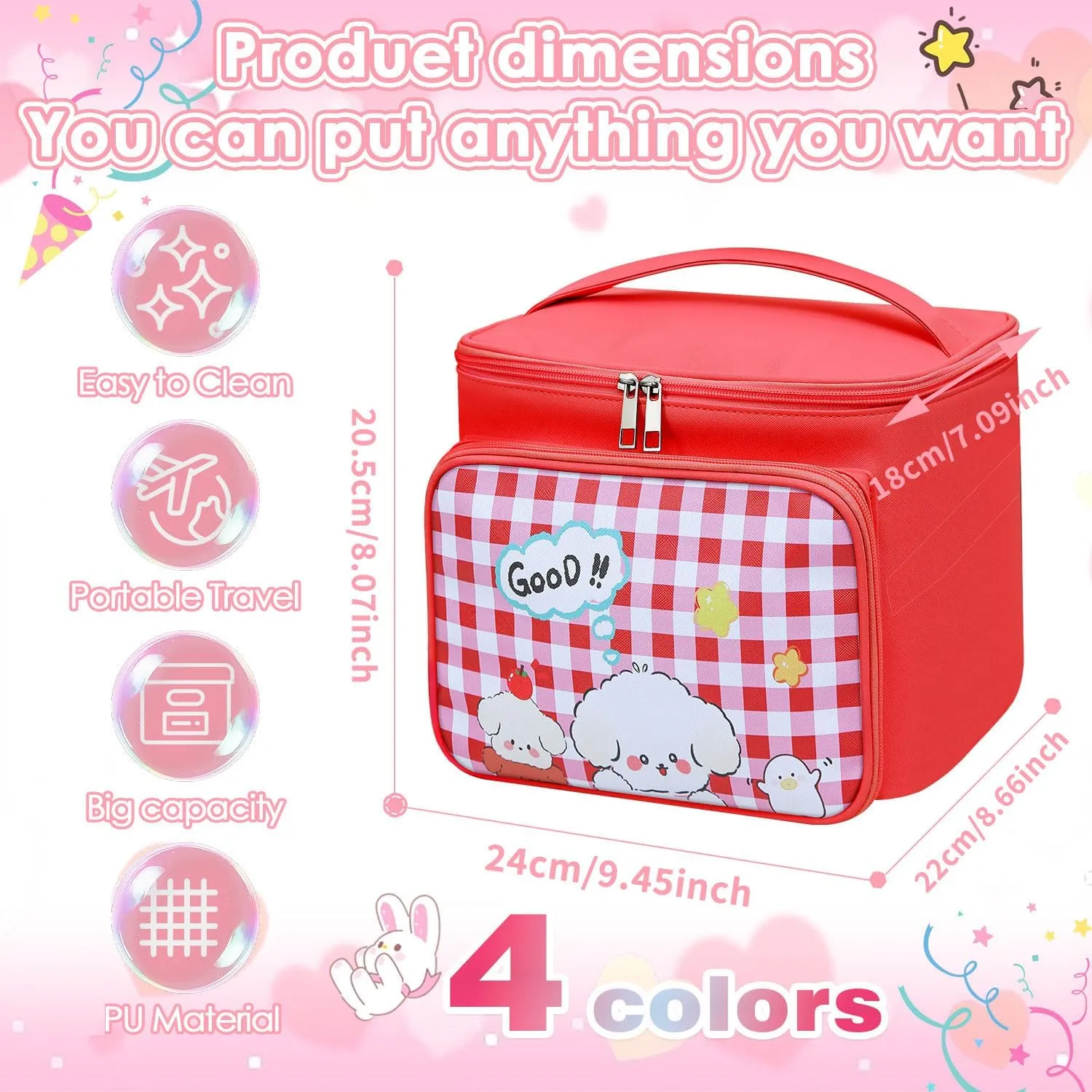 Cute Makeup Bag Travel Case, Large Capacity Cosmetic Organizer with Handle, 4 Colors Available (Pink)