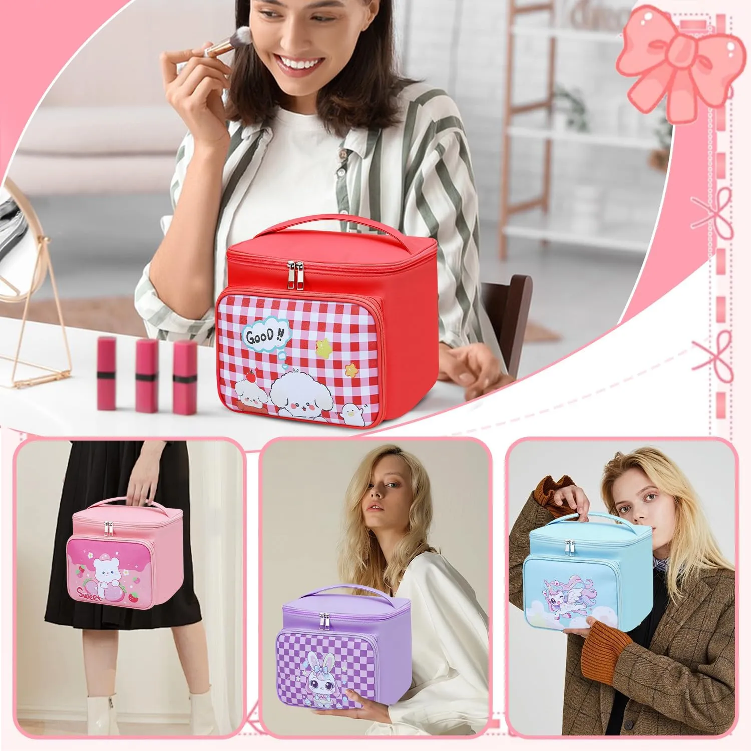 Cute Makeup Bag Travel Case, Large Capacity Cosmetic Organizer with Handle, 4 Colors Available (Pink)