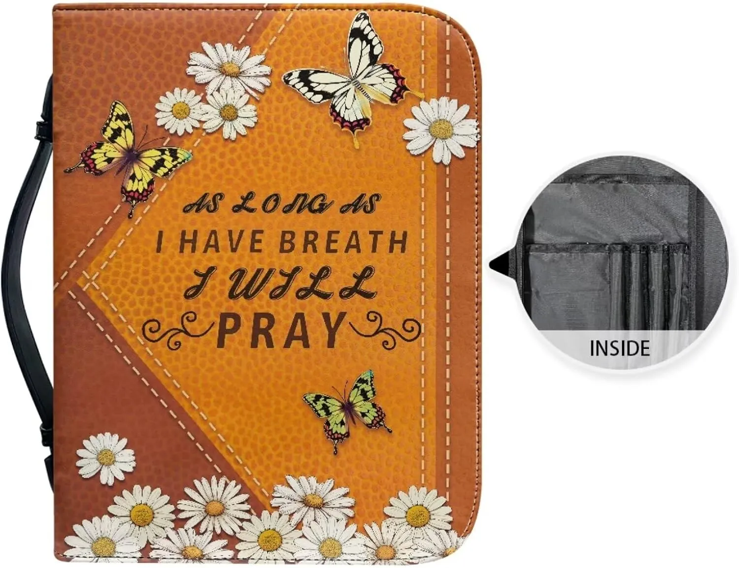 Daisy Butterfly Printed Bible Cover Case, As Long As I Have Breath I Will Party, Christian Bible Cover with Handles and Zipper, Bible Carrying Case Bible Tote Handbag Gifts, M
