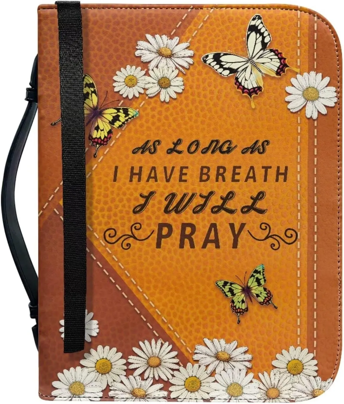 Daisy Butterfly Printed Bible Cover Case, As Long As I Have Breath I Will Party, Christian Bible Cover with Handles and Zipper, Bible Carrying Case Bible Tote Handbag Gifts, M