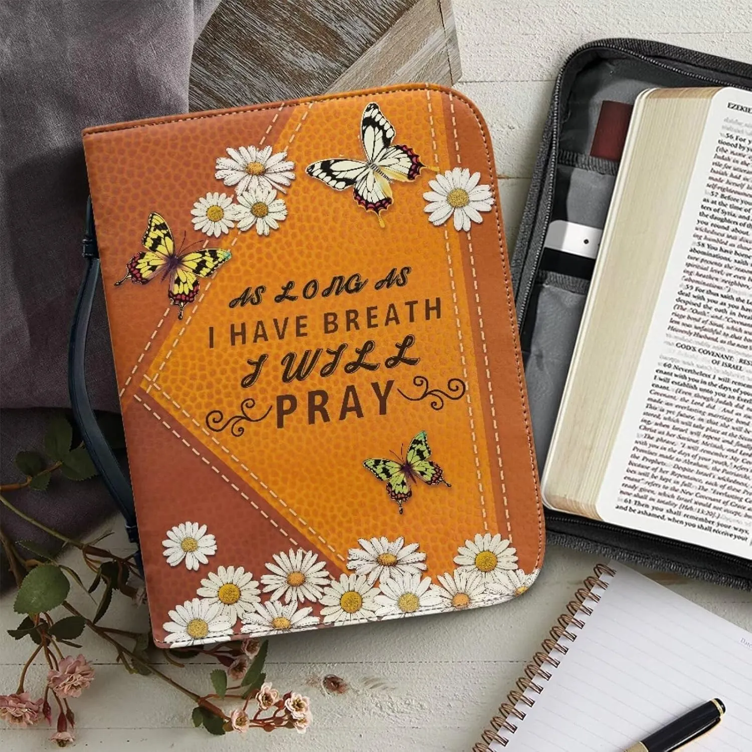 Daisy Butterfly Printed Bible Cover Case, As Long As I Have Breath I Will Party, Christian Bible Cover with Handles and Zipper, Bible Carrying Case Bible Tote Handbag Gifts, M