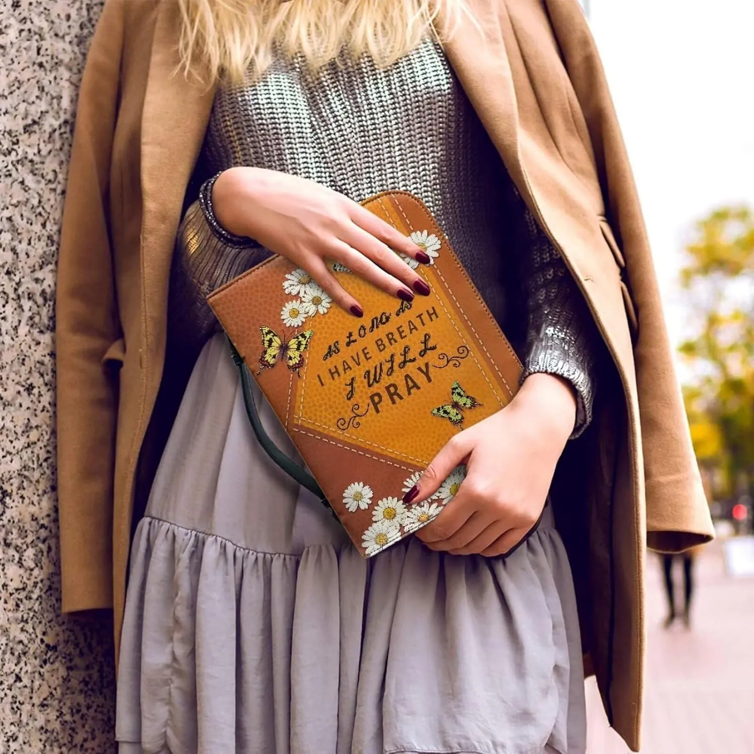 Daisy Butterfly Printed Bible Cover Case, As Long As I Have Breath I Will Party, Christian Bible Cover with Handles and Zipper, Bible Carrying Case Bible Tote Handbag Gifts, M