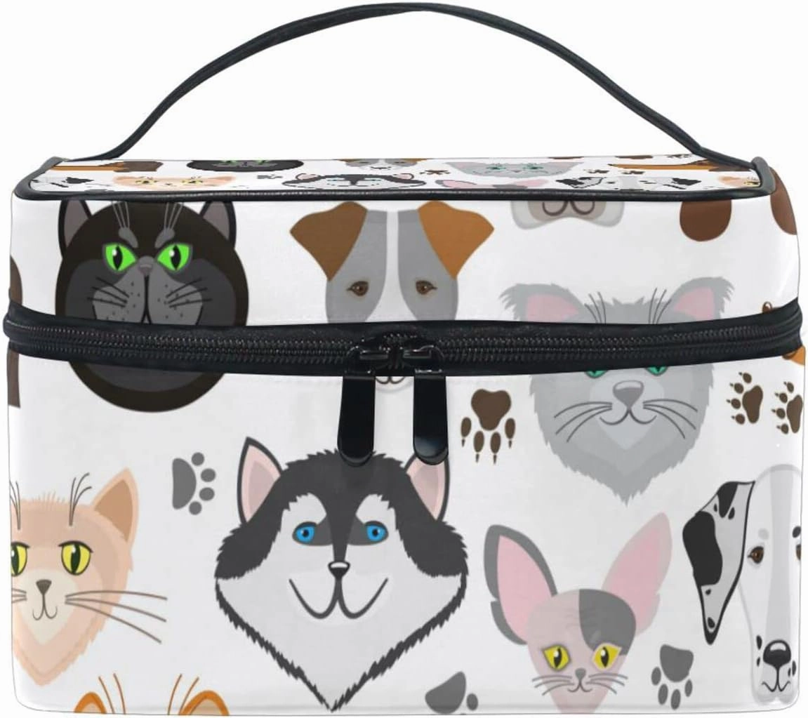 Different Breeds of Dogs and Cats Seamless Pattern on White Beauty Cosmetic with Zipper Brush Portable Storage Bag, Fashion printing Toiletry, Durable Travel Organizer Tote Unisex Gifts