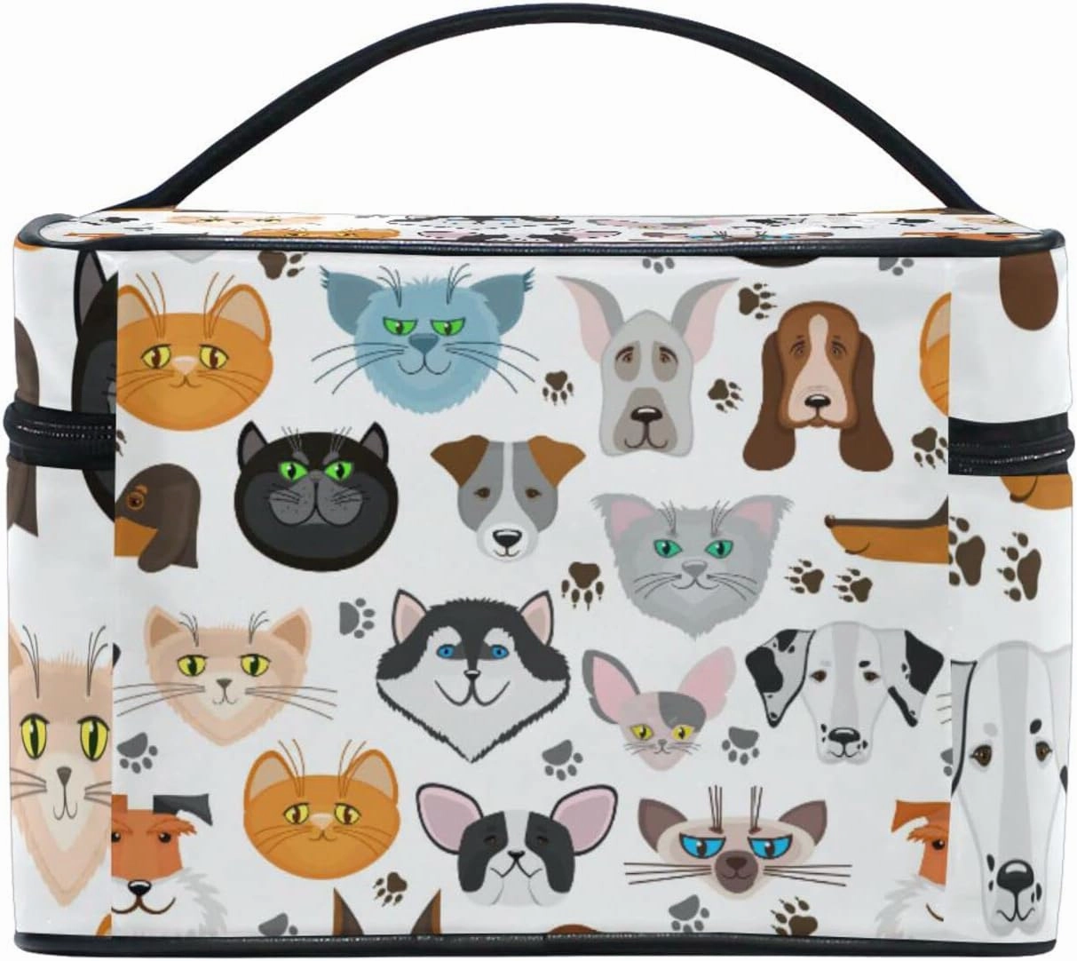 Different Breeds of Dogs and Cats Seamless Pattern on White Beauty Cosmetic with Zipper Brush Portable Storage Bag, Fashion printing Toiletry, Durable Travel Organizer Tote Unisex Gifts