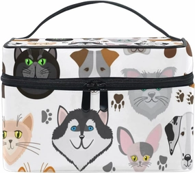 Different Breeds of Dogs and Cats Seamless Pattern on White Beauty Cosmetic with Zipper Brush Portable Storage Bag, Fashion printing Toiletry, Durable Travel Organizer Tote Unisex Gifts