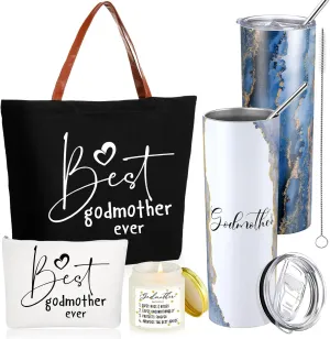 Domensi 4 Pack Godmother Gifts Set Included 20oz Stainless Steel Tumbler Cup with Straw and Lid Best Godmother Ever Gift Tote Bag Makeup Bag Scented Candle Mother Day Gift (Black)
