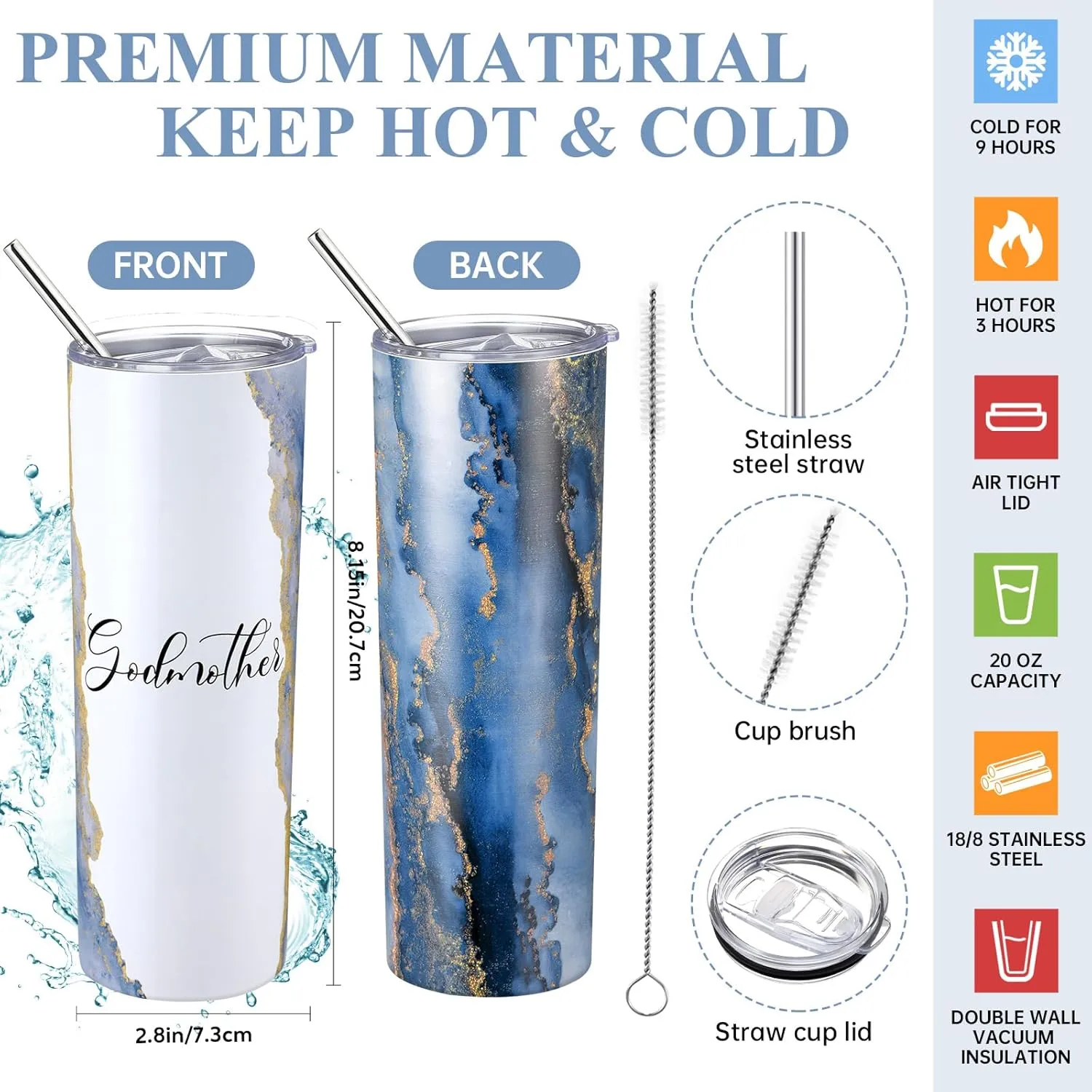 Domensi 4 Pack Godmother Gifts Set Included 20oz Stainless Steel Tumbler Cup with Straw and Lid Best Godmother Ever Gift Tote Bag Makeup Bag Scented Candle Mother Day Gift (Black)