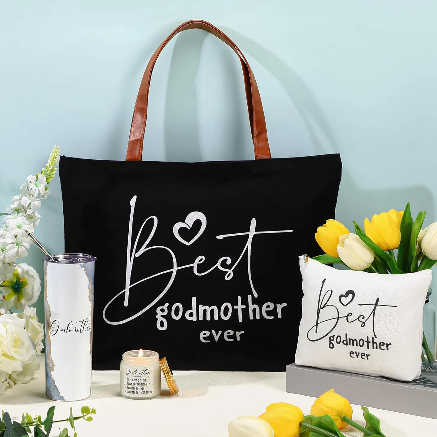 Domensi 4 Pack Godmother Gifts Set Included 20oz Stainless Steel Tumbler Cup with Straw and Lid Best Godmother Ever Gift Tote Bag Makeup Bag Scented Candle Mother Day Gift (Black)