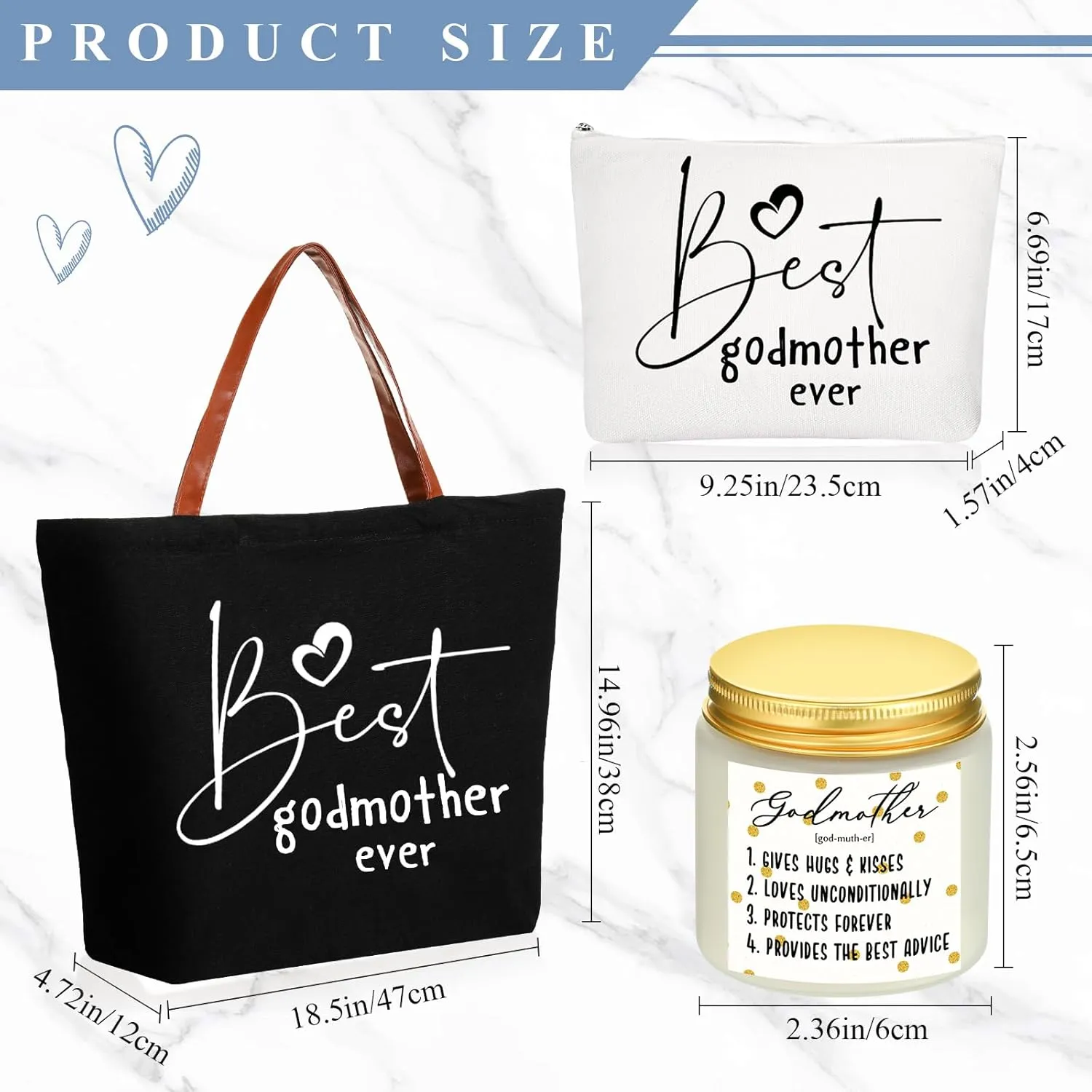 Domensi 4 Pack Godmother Gifts Set Included 20oz Stainless Steel Tumbler Cup with Straw and Lid Best Godmother Ever Gift Tote Bag Makeup Bag Scented Candle Mother Day Gift (Black)