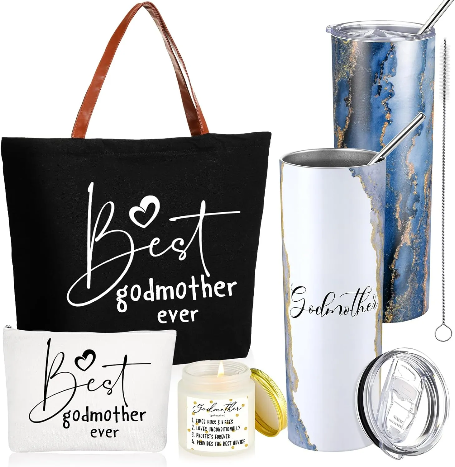 Domensi 4 Pack Godmother Gifts Set Included 20oz Stainless Steel Tumbler Cup with Straw and Lid Best Godmother Ever Gift Tote Bag Makeup Bag Scented Candle Mother Day Gift (Black)