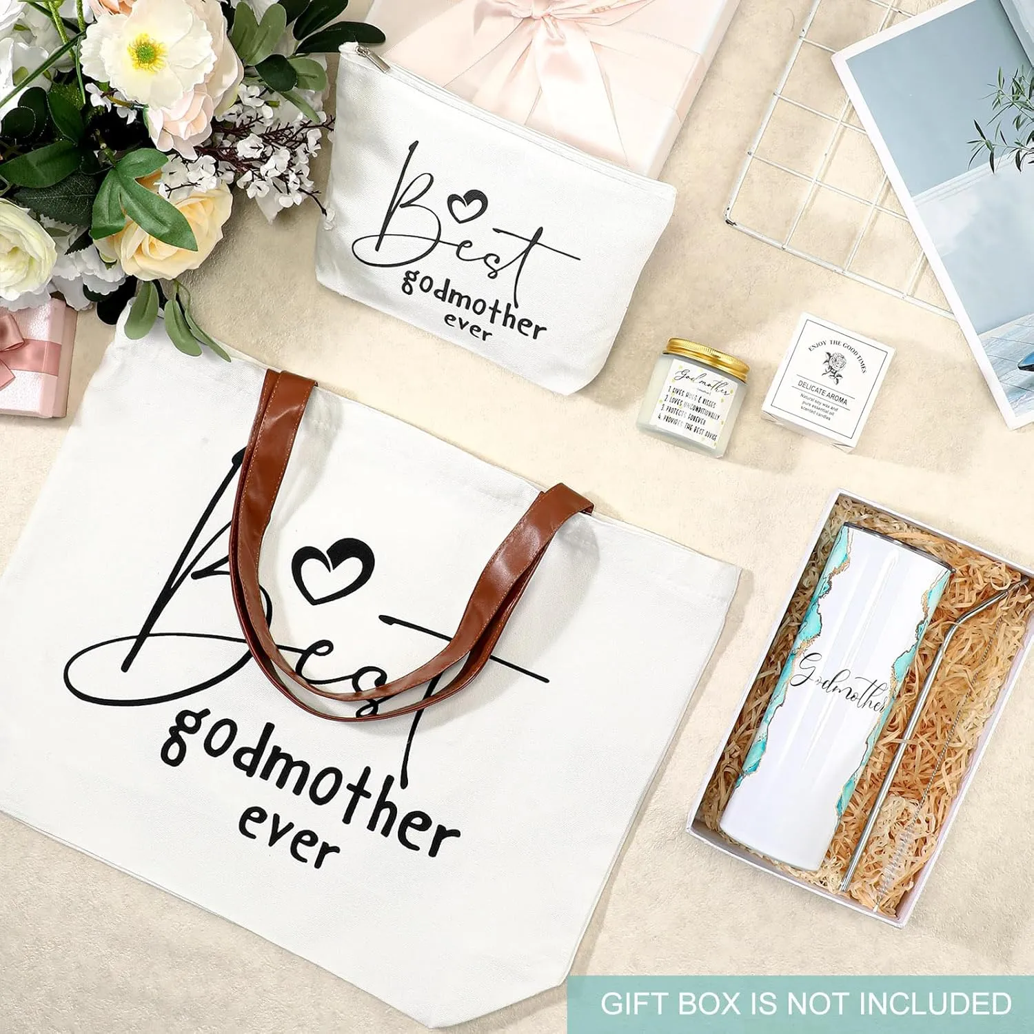 Domensi 4 Pack Godmother Gifts Set Included 20oz Stainless Steel Tumbler Cup with Straw and Lid Best Godmother Ever Gift Tote Bag Makeup Bag Scented Candle Mother Day Gift (Green)