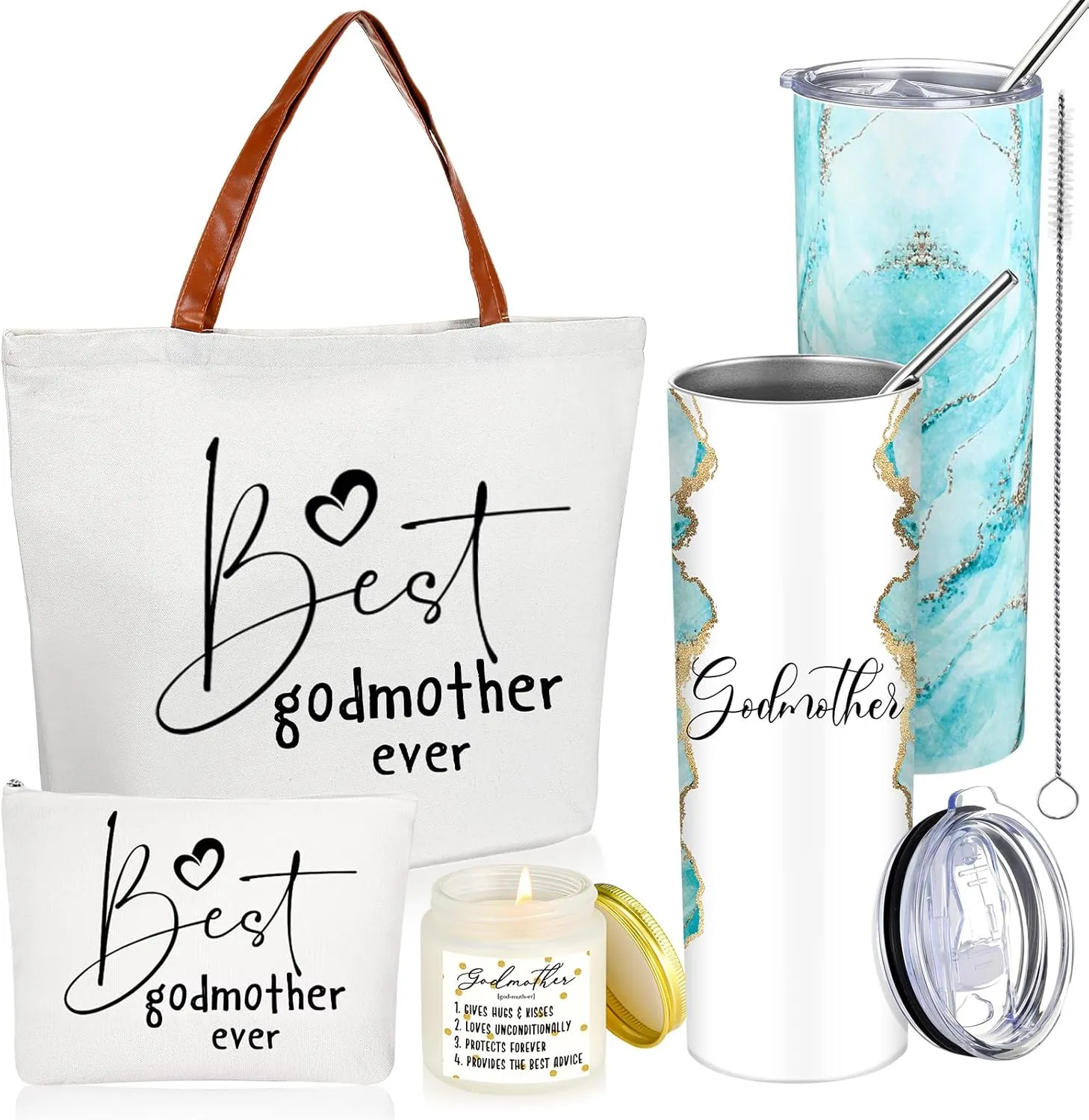 Domensi 4 Pack Godmother Gifts Set Included 20oz Stainless Steel Tumbler Cup with Straw and Lid Best Godmother Ever Gift Tote Bag Makeup Bag Scented Candle Mother Day Gift (Green)