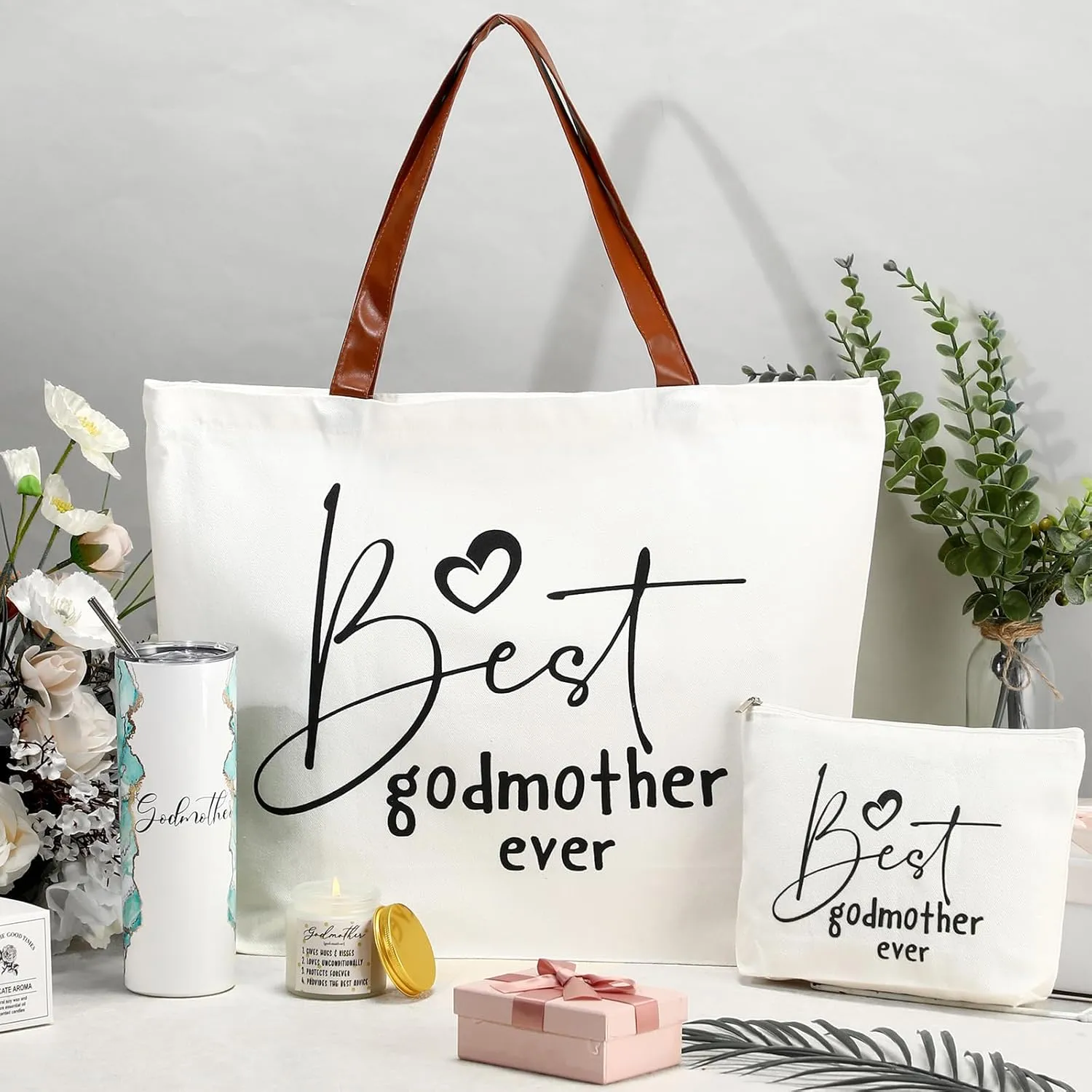 Domensi 4 Pack Godmother Gifts Set Included 20oz Stainless Steel Tumbler Cup with Straw and Lid Best Godmother Ever Gift Tote Bag Makeup Bag Scented Candle Mother Day Gift (Green)