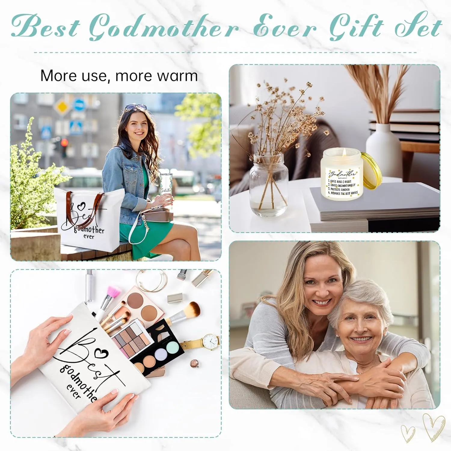 Domensi 4 Pack Godmother Gifts Set Included 20oz Stainless Steel Tumbler Cup with Straw and Lid Best Godmother Ever Gift Tote Bag Makeup Bag Scented Candle Mother Day Gift (Green)