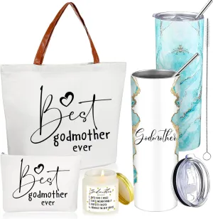 Domensi 4 Pack Godmother Gifts Set Included 20oz Stainless Steel Tumbler Cup with Straw and Lid Best Godmother Ever Gift Tote Bag Makeup Bag Scented Candle Mother Day Gift (Green)