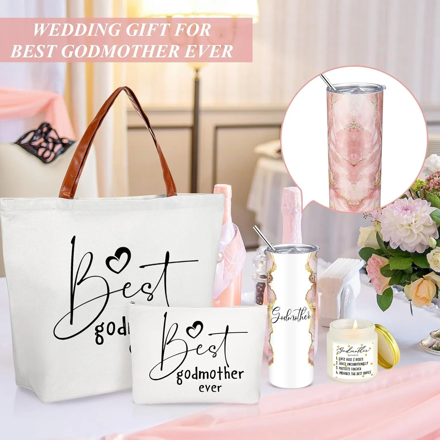 Domensi 4 Pack Godmother Gifts Set Included 20oz Stainless Steel Tumbler Cup with Straw and Lid Best Godmother Ever Gift Tote Bag Makeup Bag Scented Candle Mother Day Gift(Pink)