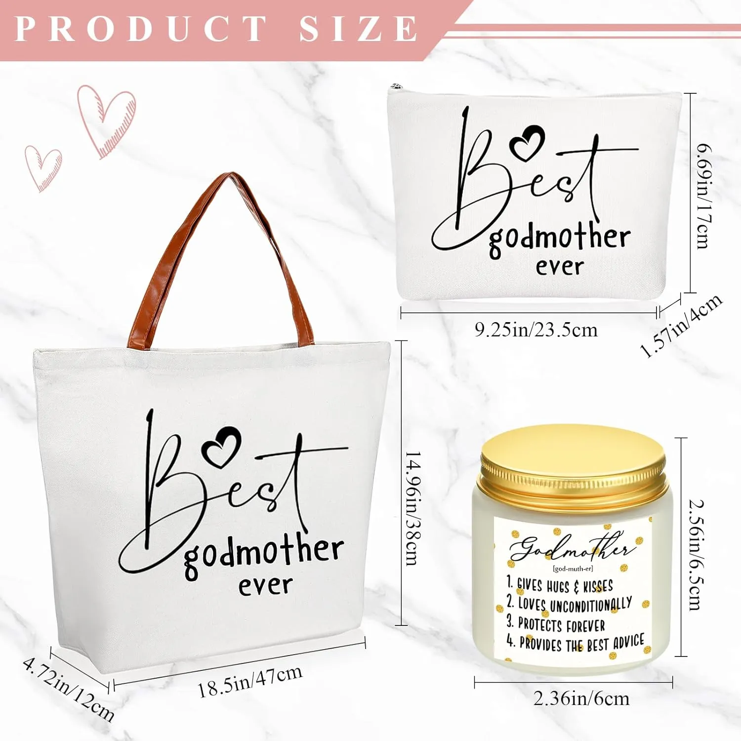 Domensi 4 Pack Godmother Gifts Set Included 20oz Stainless Steel Tumbler Cup with Straw and Lid Best Godmother Ever Gift Tote Bag Makeup Bag Scented Candle Mother Day Gift(Pink)