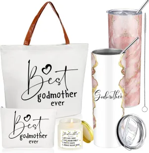 Domensi 4 Pack Godmother Gifts Set Included 20oz Stainless Steel Tumbler Cup with Straw and Lid Best Godmother Ever Gift Tote Bag Makeup Bag Scented Candle Mother Day Gift(Pink)
