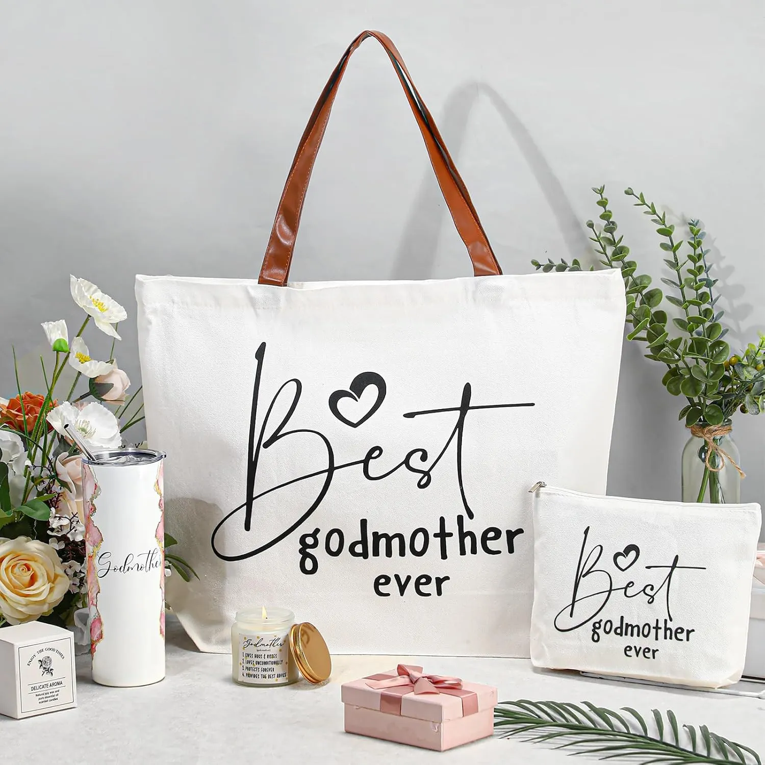 Domensi 4 Pack Godmother Gifts Set Included 20oz Stainless Steel Tumbler Cup with Straw and Lid Best Godmother Ever Gift Tote Bag Makeup Bag Scented Candle Mother Day Gift(Pink)