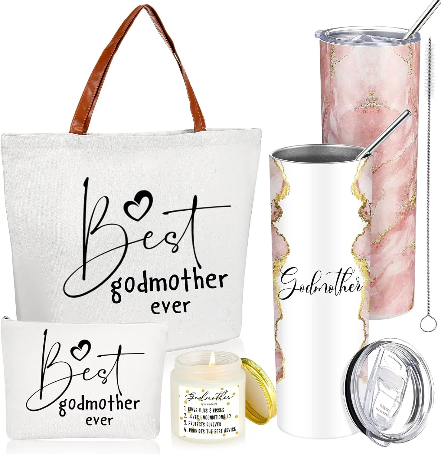 Domensi 4 Pack Godmother Gifts Set Included 20oz Stainless Steel Tumbler Cup with Straw and Lid Best Godmother Ever Gift Tote Bag Makeup Bag Scented Candle Mother Day Gift(Pink)