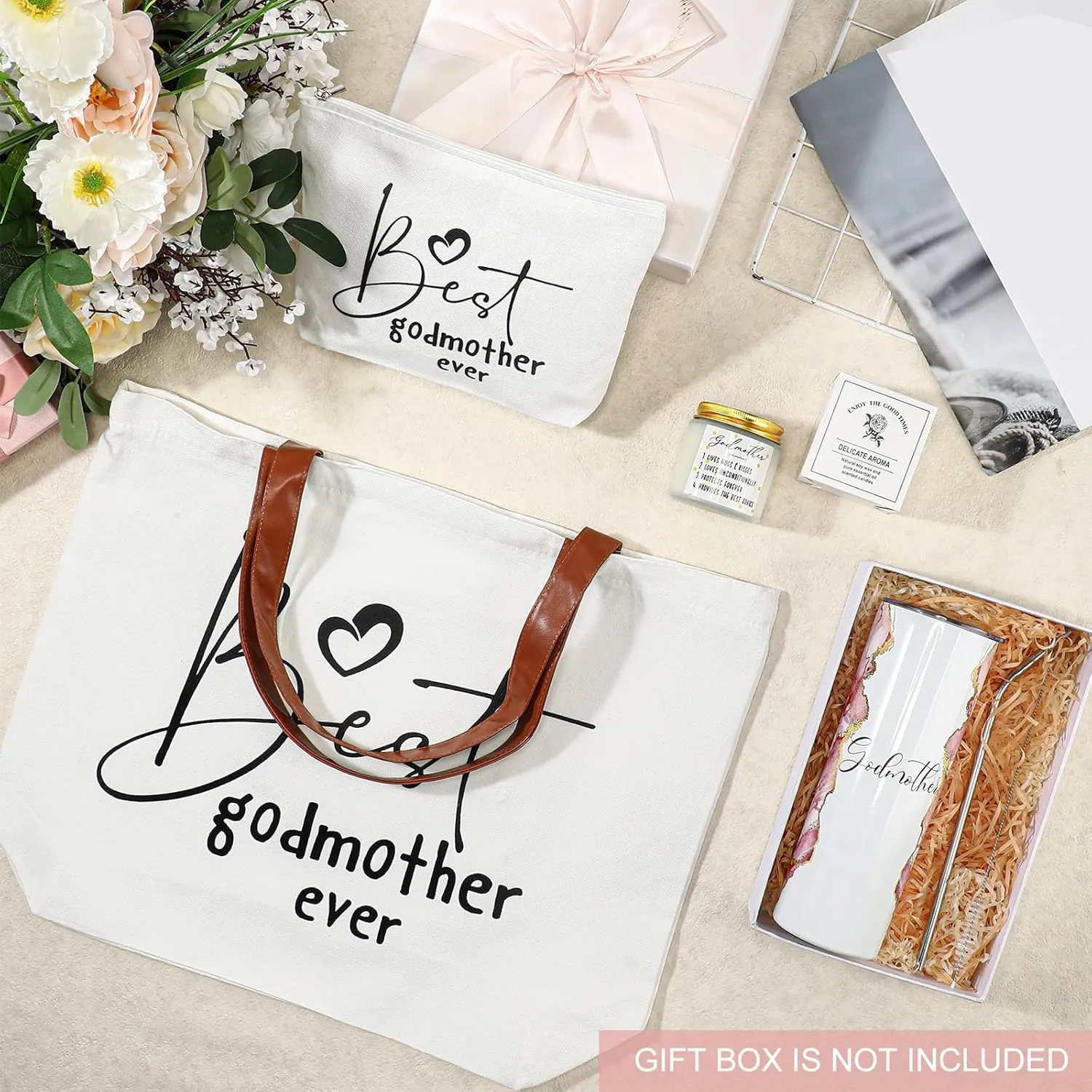 Domensi 4 Pack Godmother Gifts Set Included 20oz Stainless Steel Tumbler Cup with Straw and Lid Best Godmother Ever Gift Tote Bag Makeup Bag Scented Candle Mother Day Gift(Pink)