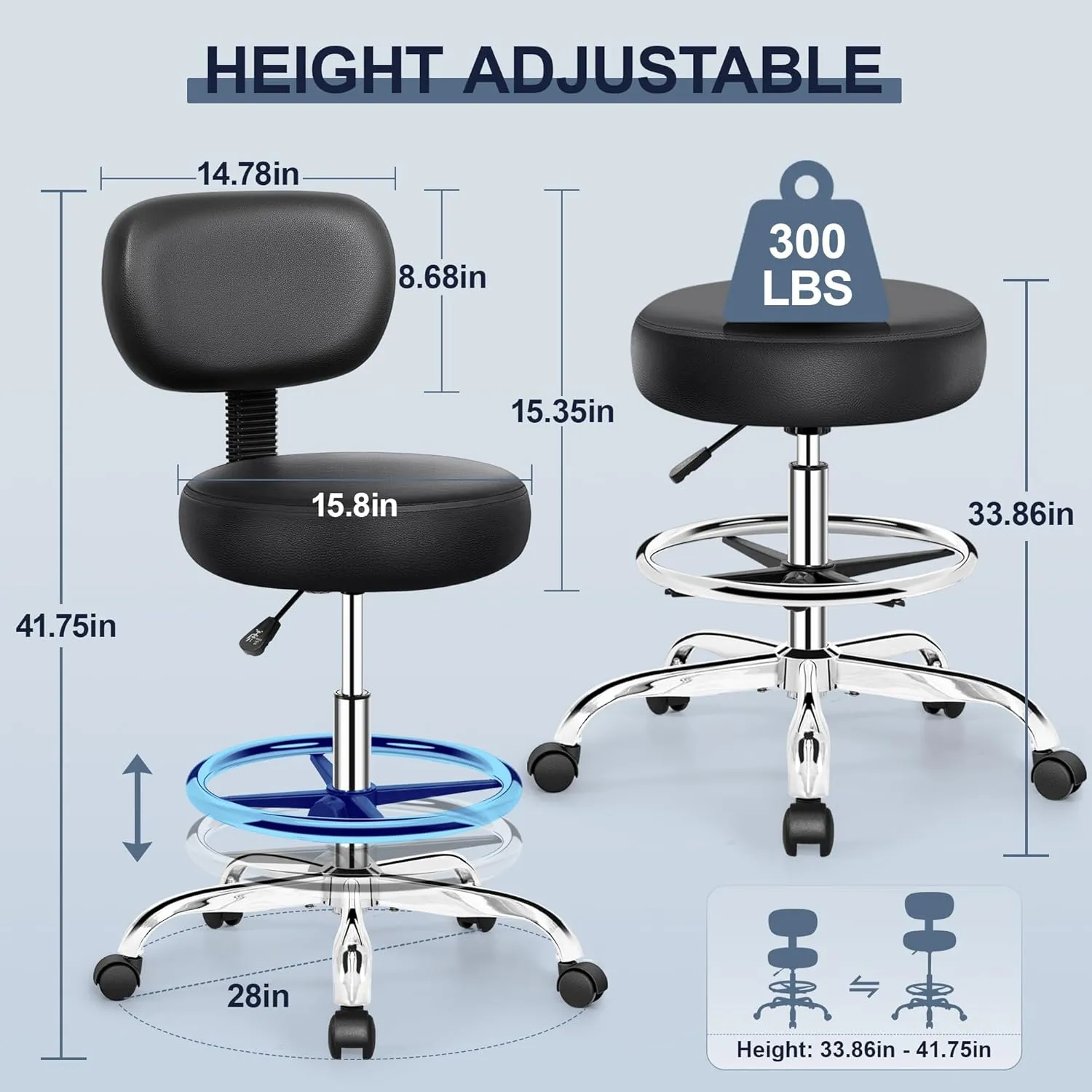 Drafting Chair with Backrest – Adjustable Foot Rest Rolling Stool with Wheels, PU Leather Swivel Stool for Office Spa Studio Lab Counter Salon Home Work Bar Kitchen Shop(Silver)