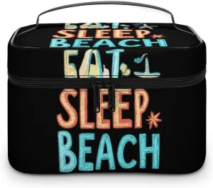 Eat Sleep Beach Portable Makeup Bag Large Capacity Toiletry Receiving Cosmetic Bags With Handle And Divider