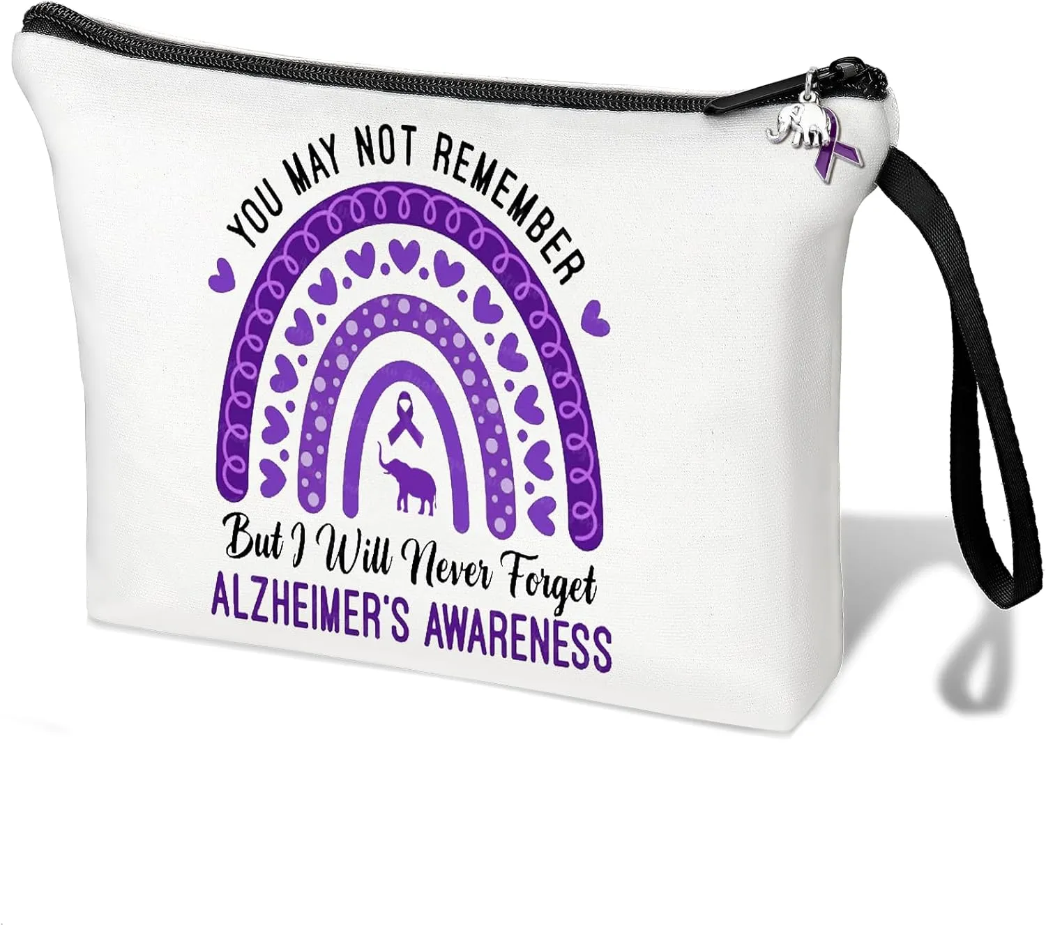 Elephant Alzheimers Awareness Makeup Bag Purple Ribbon Awareness Alzheimers Cosmetic Bag Alzheimers Support Alzheimers Family Gifts For Dementia Support (White Alzheimer)