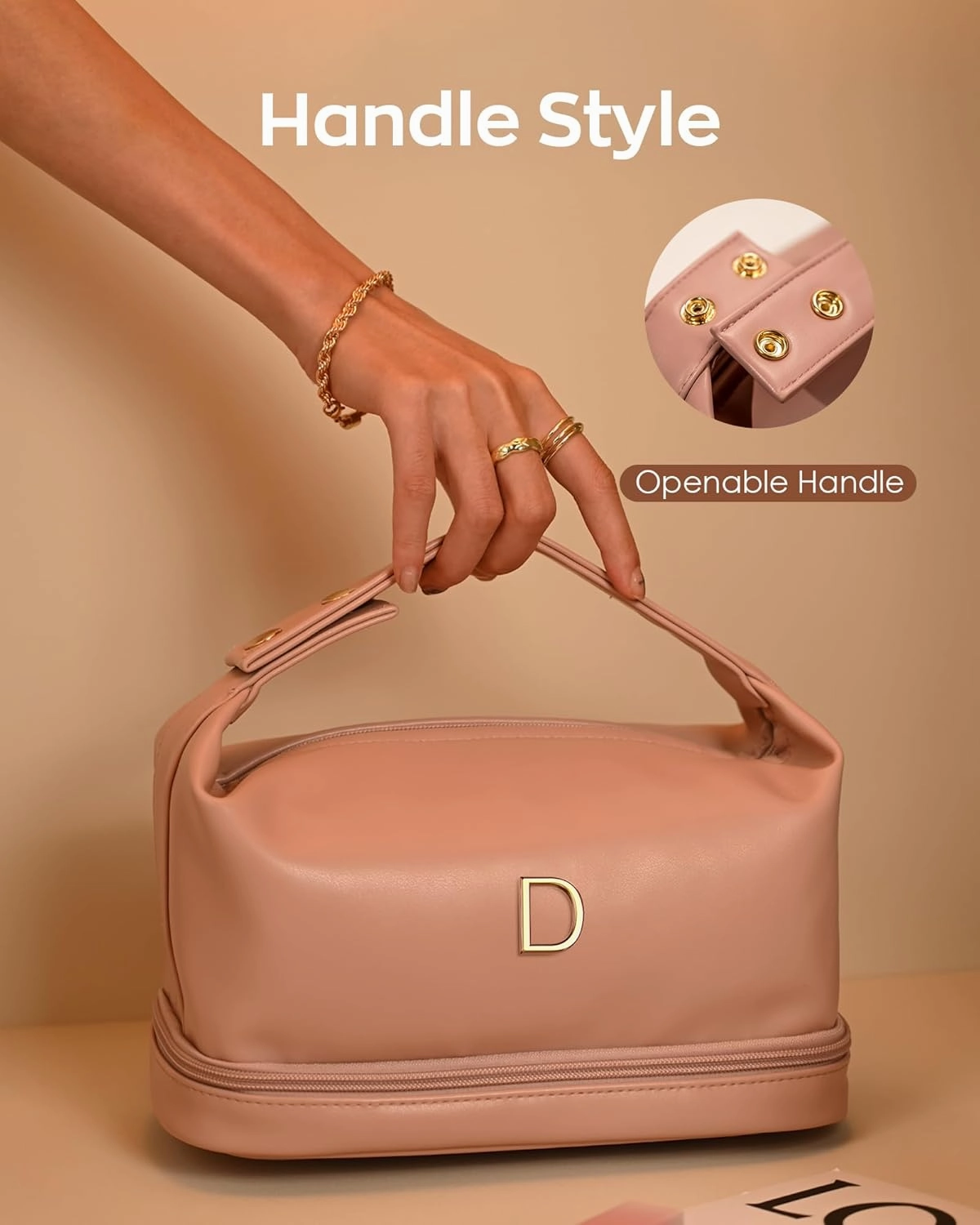 Engagement Gifts-Initial Makeup Bag with Handle, Waterproof Double Layer Cosmetic Bag, Girl Makeup Bags Letter Travel Toiletry Bag with Makeup Brush Organizer-Teacher Appreciation Gifts