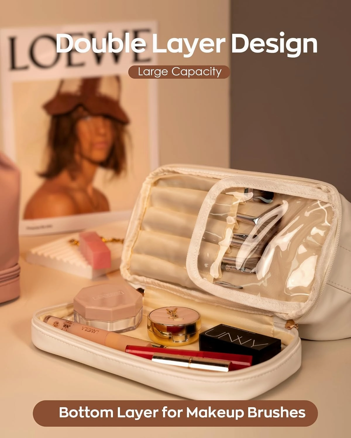Engagement Gifts-Initial Makeup Bag with Handle, Waterproof Double Layer Cosmetic Bag, Girl Makeup Bags Letter Travel Toiletry Bag with Makeup Brush Organizer-Teacher Appreciation Gifts