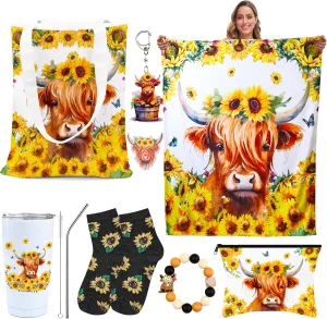 EPLAZA 8 Pcs Sunflower Highland Cow Gifts Cow Themed Gifts for Women 20 oz Tumbler Mug Make Up Bag Throw Blanket Socks Handbag Keychain Fridge Sticker Bracelets Gifts for Christmas Birthday (Yellow)