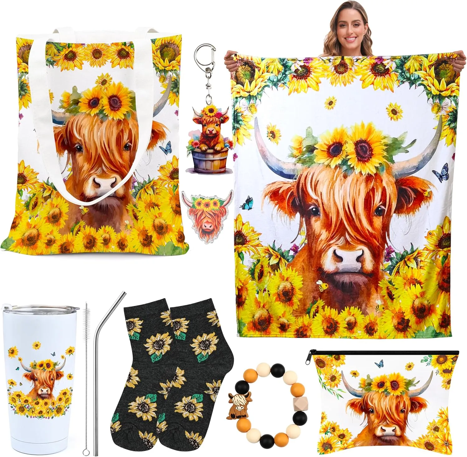 EPLAZA 8 Pcs Sunflower Highland Cow Gifts Cow Themed Gifts for Women 20 oz Tumbler Mug Make Up Bag Throw Blanket Socks Handbag Keychain Fridge Sticker Bracelets Gifts for Christmas Birthday (Yellow)